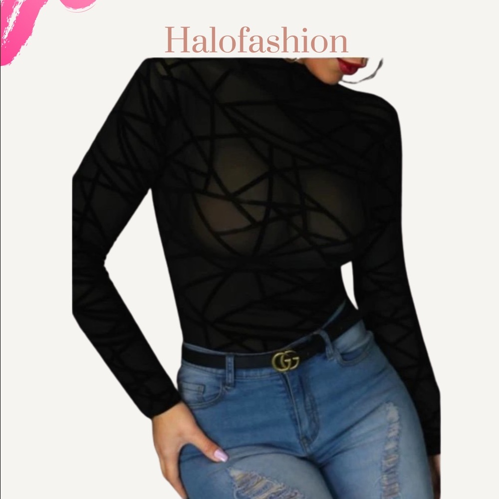 Sheer Mesh Geometric Long Sleeve Top S-XL
